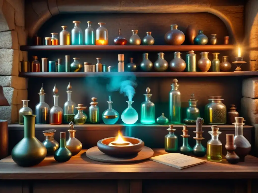 En el laboratorio del alquimista: cristalería, manuscritos antiguos, símbolos misteriosos y luz de velas, evocando la Alquimia en la Medicina Moderna