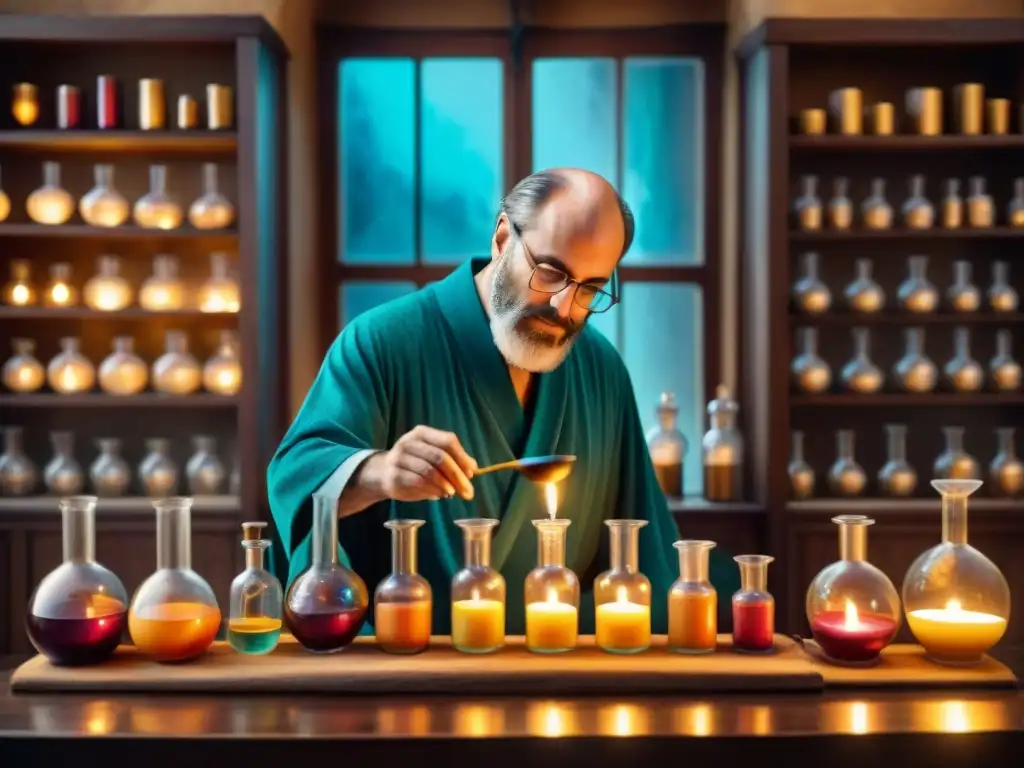 En un laboratorio medieval de alquimia, un alquimista mezcla ingredientes bajo la luz de velas, evocando la historia y desarrollo de la quimioterapia