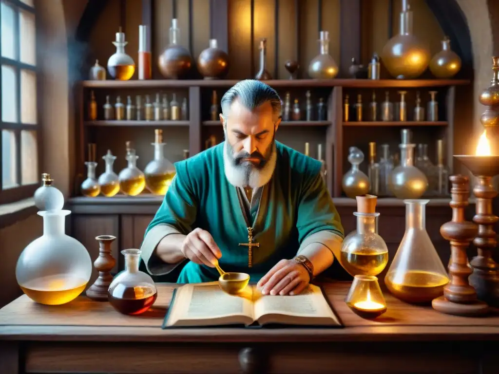 Alquimista medieval en laboratorio misterioso En el laboratorio medieval, un alquimista vierte líquido brillante entre frascos, rodeado de símbolos y textos antiguos