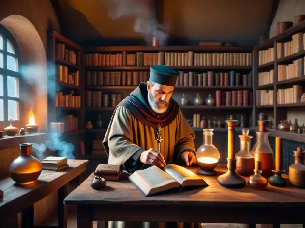 En un laboratorio medieval, un alquimista estudia una práctica alquímica rodeado de libros antiguos y símbolos misteriosos