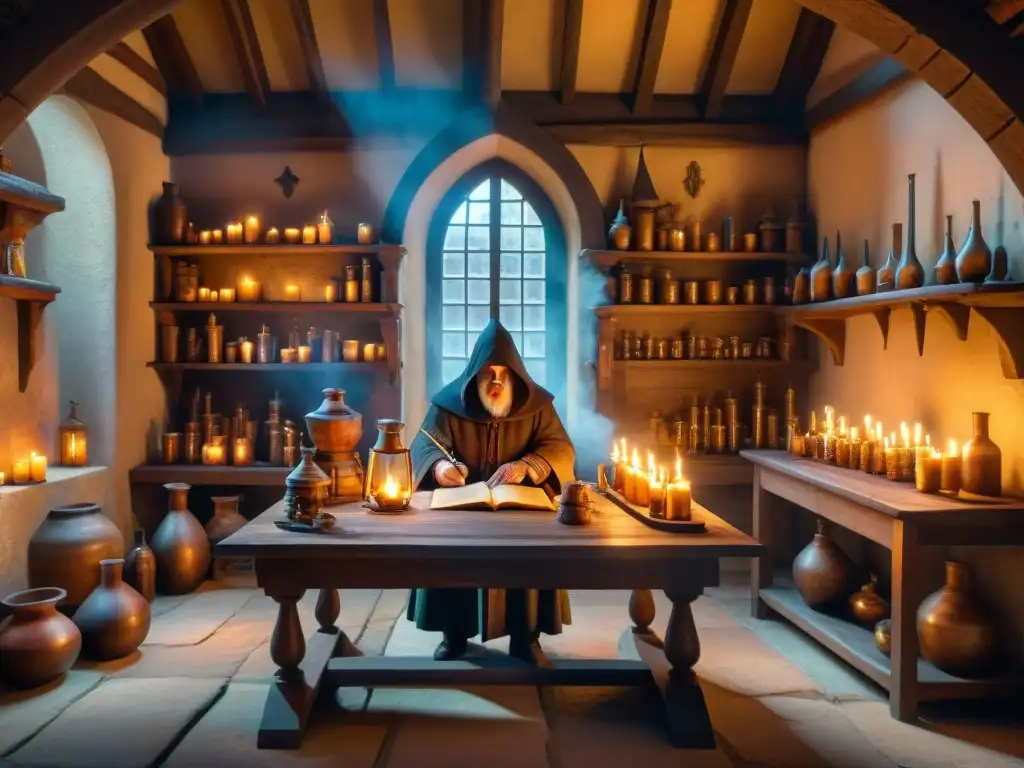 Un laboratorio de alquimista medieval lleno de manuscritos antiguos, pociones burbujeantes y símbolos místicos, iluminado por velas
