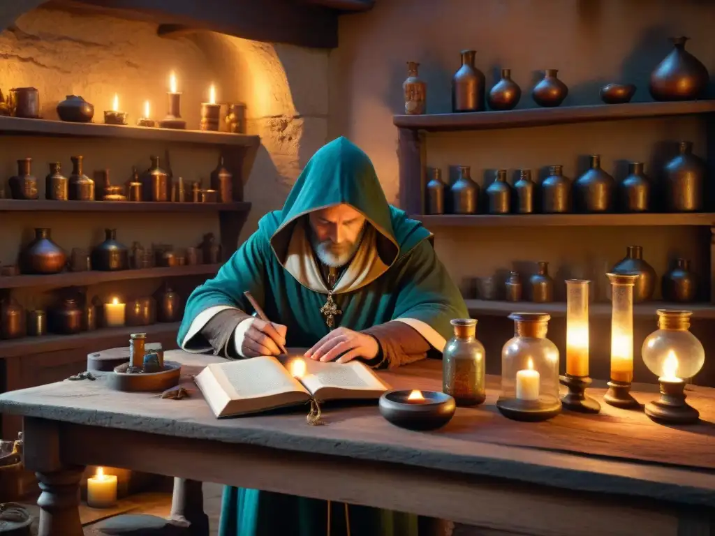 Un laboratorio de alquimista medieval con pociones, libros antiguos y símbolos místicos