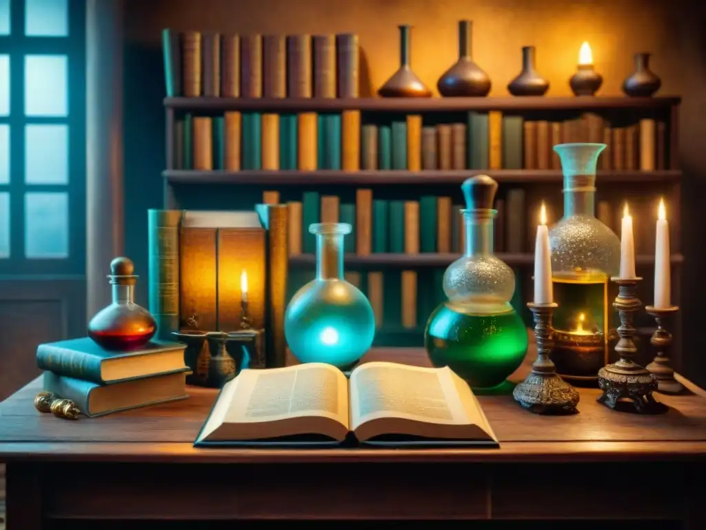 El laboratorio misterioso de un alquimista, con libros antiguos, pociones burbujeantes y vidriería compleja bajo una tenue luz