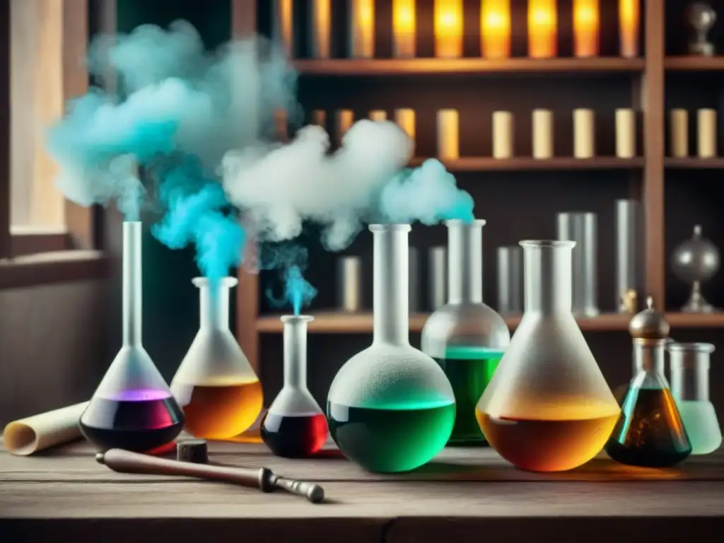 Alquimia moderna: laboratorio místico con herramientas antiguas Un laboratorio moderno con herramientas alquímicas antiguas y libros de alquimia, creando una atmósfera mística