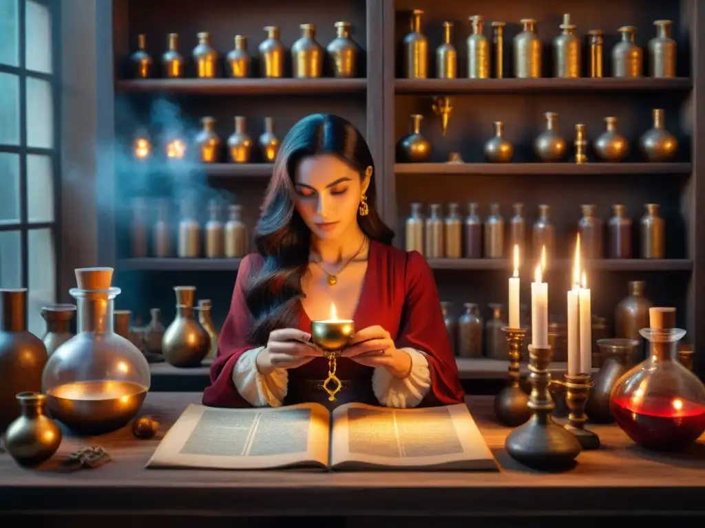 En el laboratorio, Perenelle Flamel transmuta en su caldero dorado