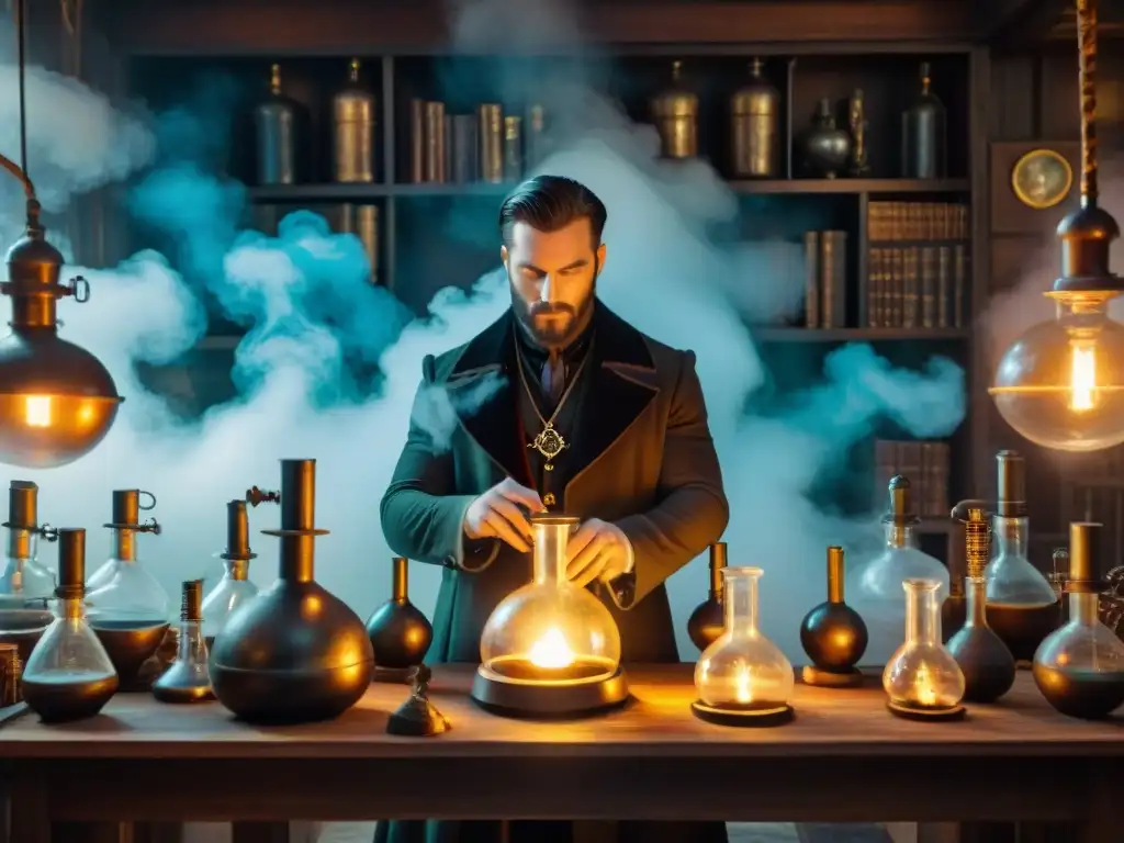 Un laboratorio steampunk intrincado con frascos burbujeantes, tomos antiguos y ingenios misteriosos