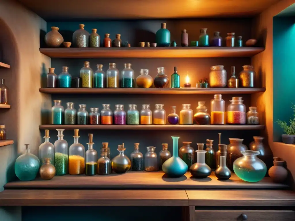 Un laboratorio de alquimista con vidriería antigua, pociones burbujeantes y luz sepia cálida