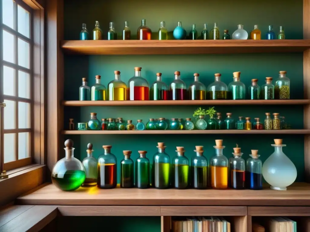 Un laboratorio de botánica alquímica vintage con estantes llenos de frascos de líquidos coloridos, libros antiguos y especímenes botánicos