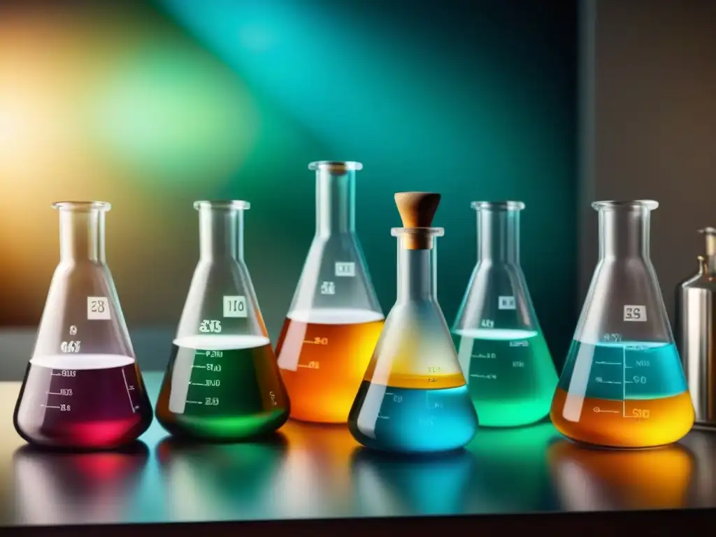 Un laboratorio vintage con matraces Erlenmeyer de colores burbujeantes en quemadores Bunsen, escena detallada de experimentación alquímica moderna