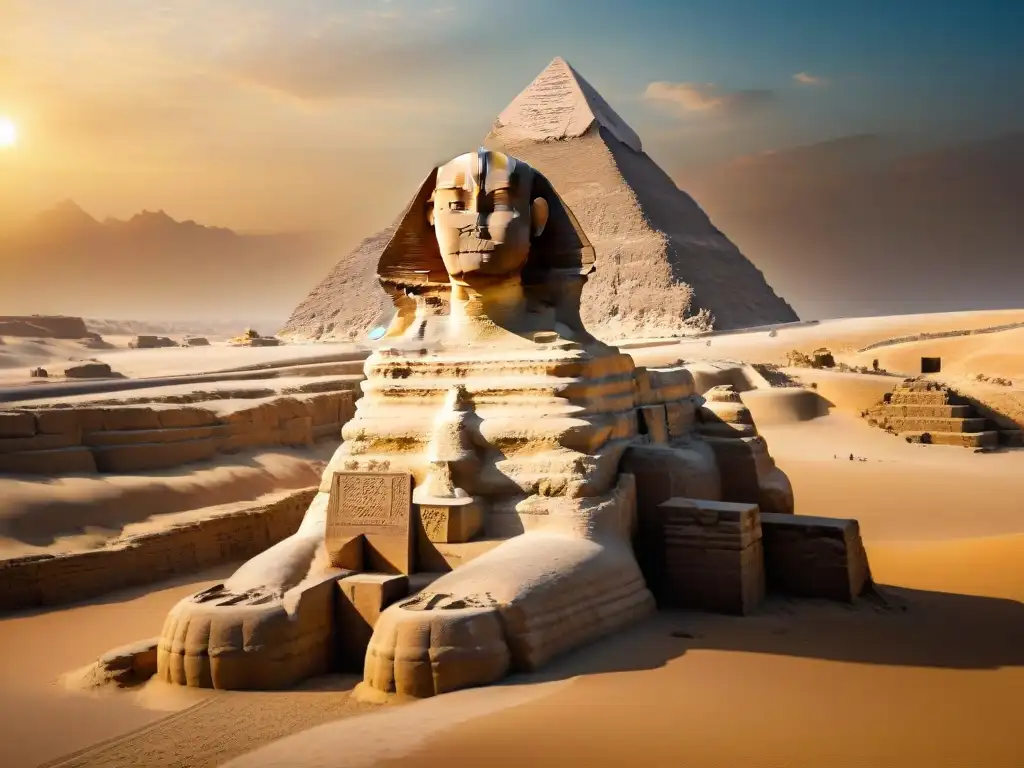 El legado alquímico del antiguo Egipto se refleja en la detallada imagen de la Gran Esfinge de Guiza al atardecer