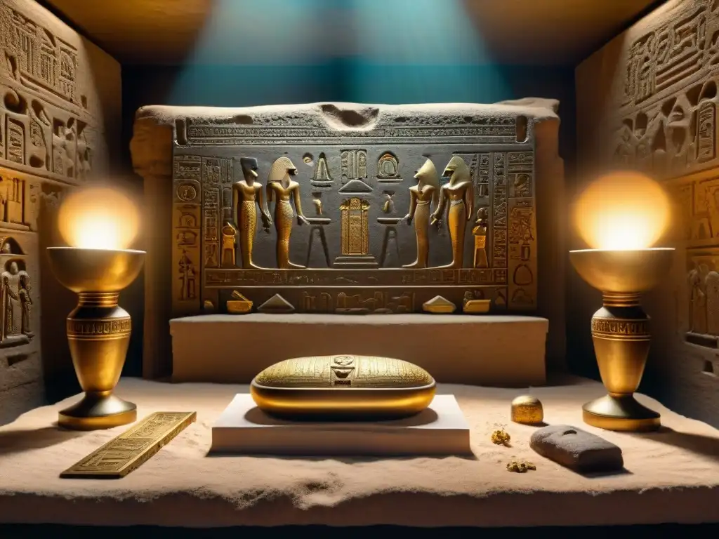 Legado alquímico del antiguo Egipto: Cámara iluminada por antorchas con reliquias egipcias en sepia