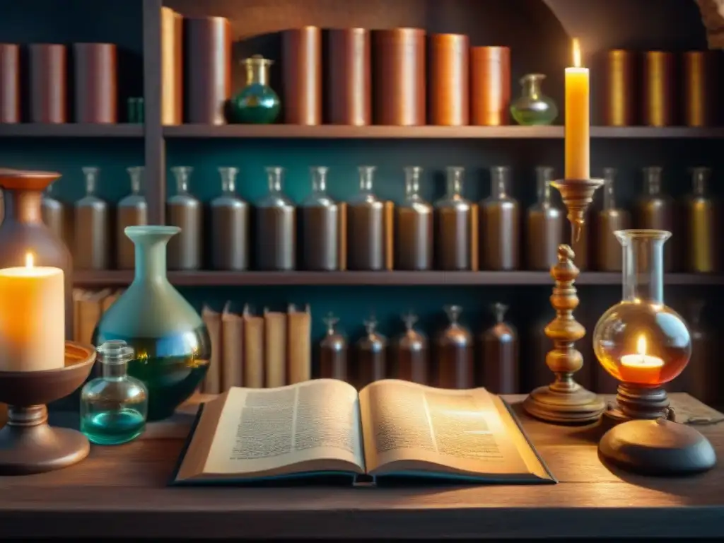 Legado de los alquimistas en la química moderna: laboratorio de alquimia antiguo con vidriería, libros antiguos y velas iluminando la escena