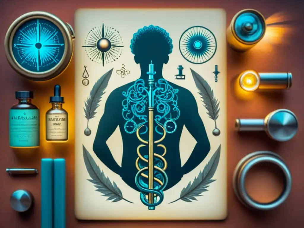 Fusión del legado de Paracelso en Alquimia con herramientas médicas modernas en ilustración sepia