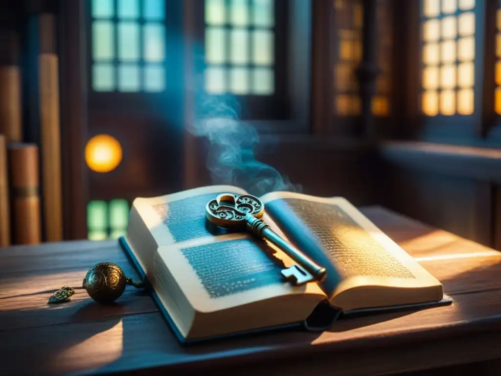 Una llave misteriosa reposa sobre un libro antiguo, iluminada por luz etérea