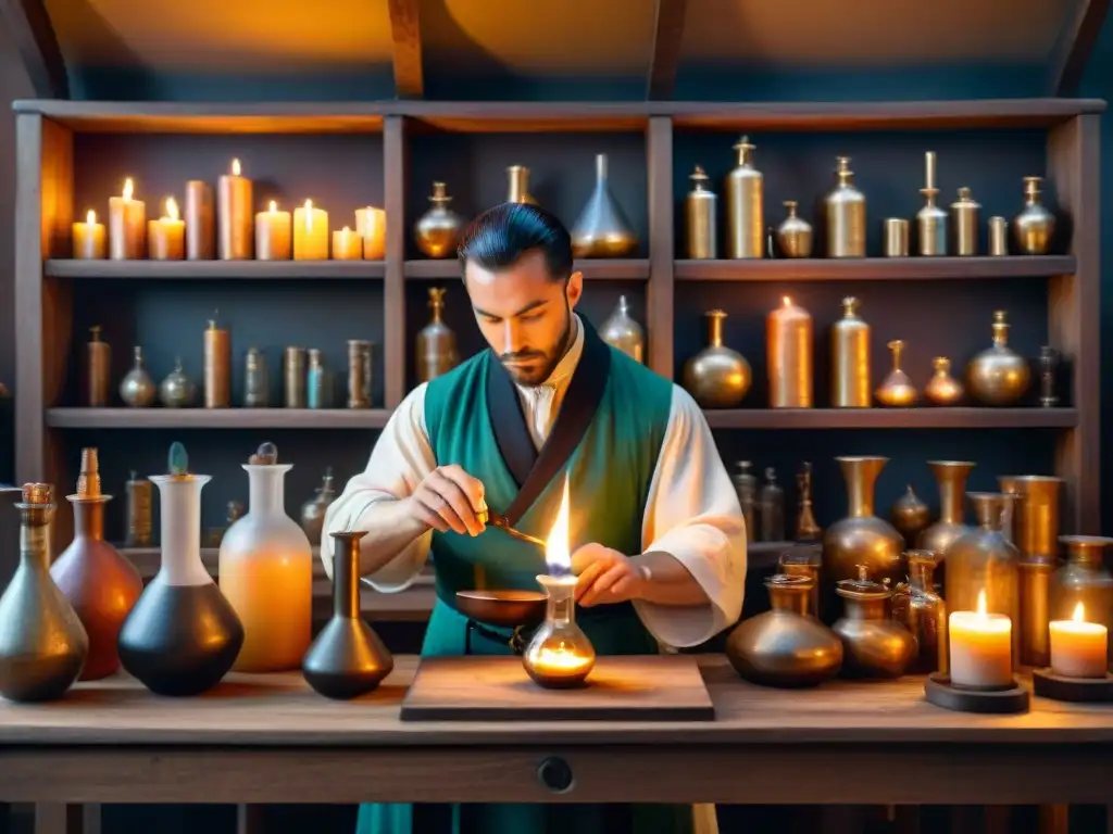 Un maestro alquimista en su taller medieval iluminado por velas, creando pócimas mágicas y símbolos misteriosos