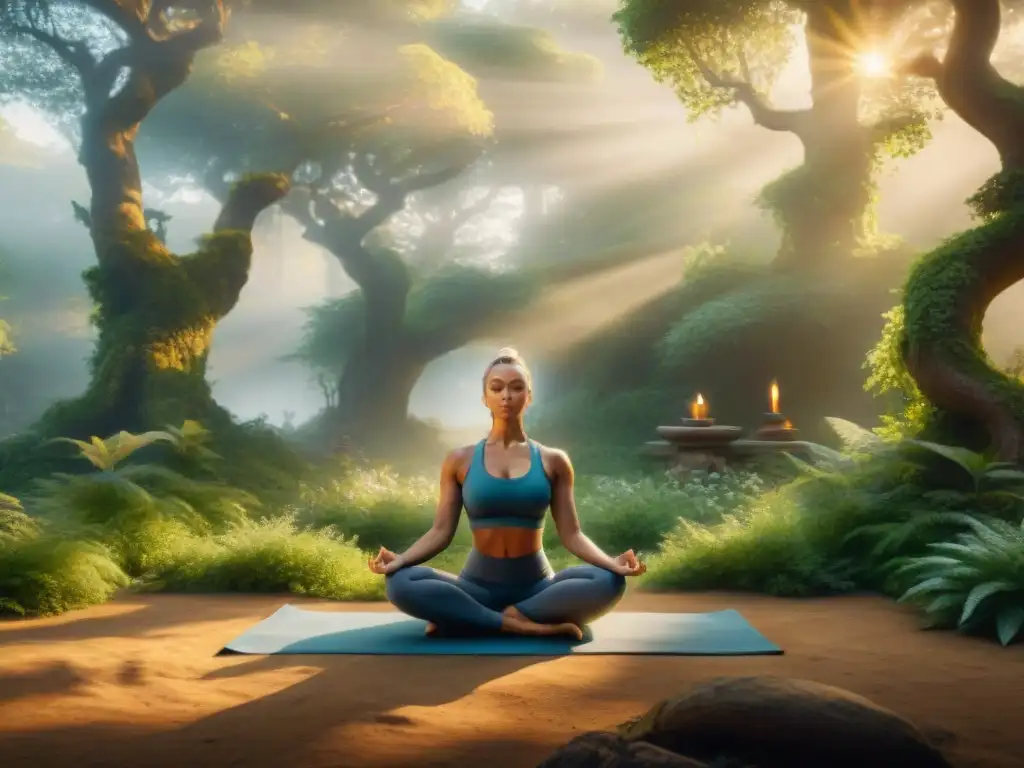 Maestros alquímicos en yoga, meditando en bosque místico con energía etérea y símbolos antiguos