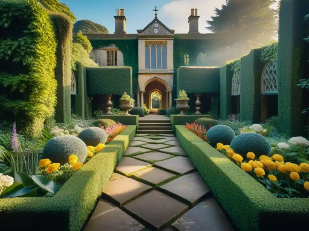 Jardines botánicos exóticos y misteriosos en Inglaterra Un mágico jardín alquímico en Inglaterra, con exóticas plantas y flores en patrones geométricos, iluminado por el sol