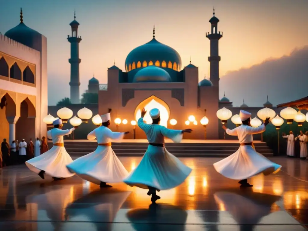 Un mágico baile de derviches sufíes al atardecer en una mezquita antigua, iluminados por linternas, reflejando la historia del sufismo en alquimia