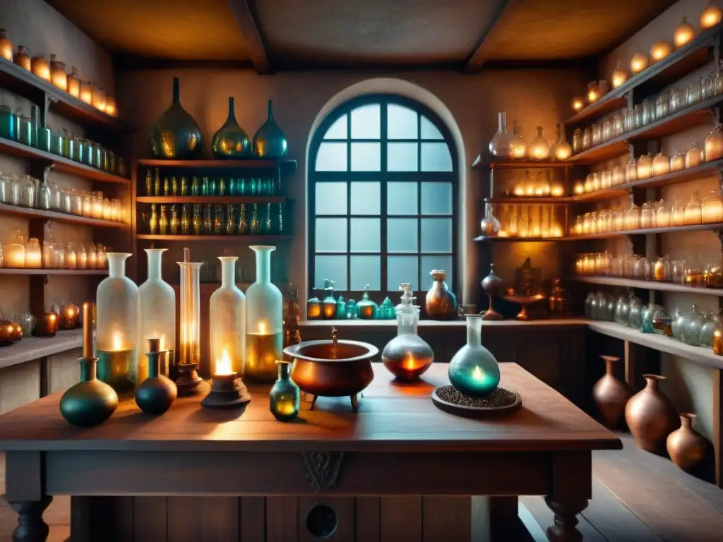 Alquimia ancestral: laboratorio místico del alquimista Un mágico laboratorio alquímico medieval iluminado con velas, libros antiguos y un alquimista concentrado en una poción en una caldera de cobre