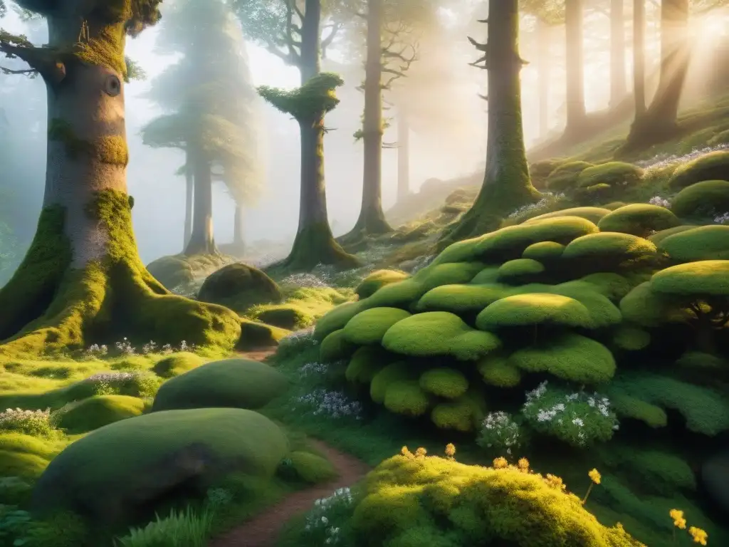 Escena mística del bosque europeo: árboles antiguos y alquimia Un mágico retiro espiritual en los bosques de Europa, donde la alquimia y la historia se entrelazan en armonía