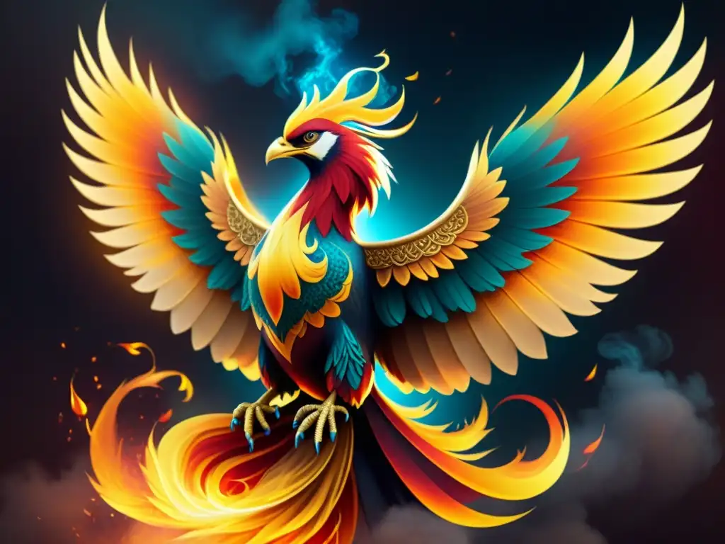 Renacimiento dorado: Fénix emergiendo de llamas vibrantes Majestuoso ave fénix renace de llamas vibrantes, sus alas desplegadas en glorioso resplandor