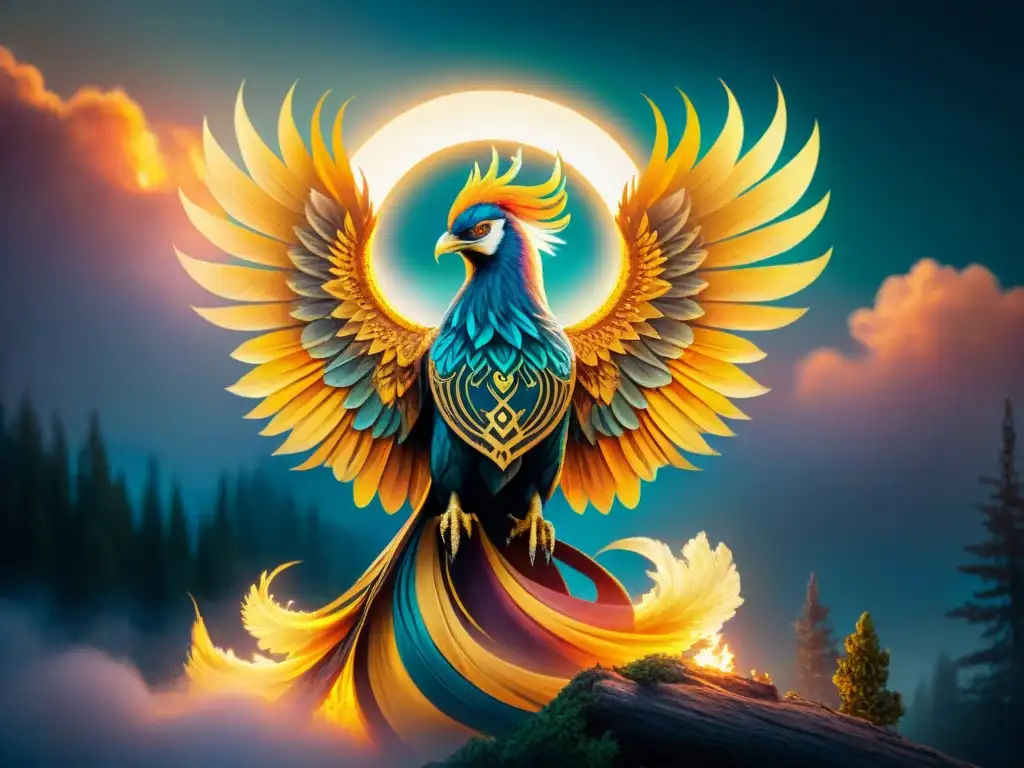 Fénix dorado emergiendo de las llamas en bosque místico Un majestuoso fénix emerge de las llamas, envuelto en símbolos alquímicos, en un bosque místico iluminado por la luna
