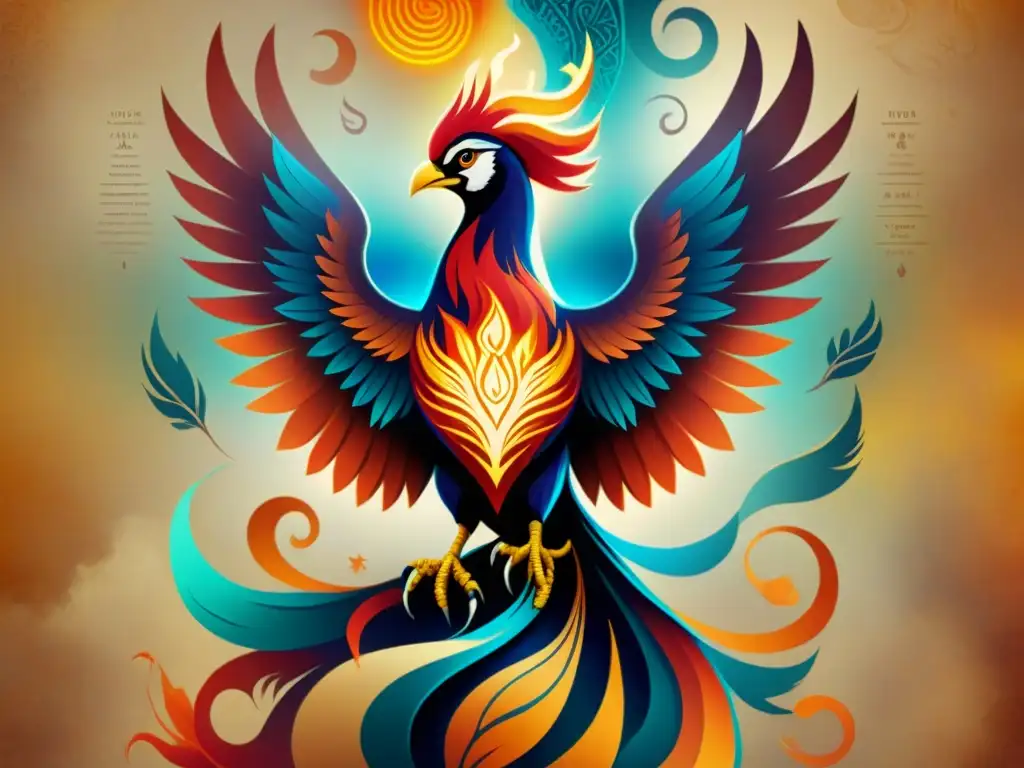 Fénix ancestral renace en llamas y símbolos alquímicos Un majestuoso fénix emerge de llamas vibrantes rodeado de símbolos alquímicos, evocando renacimiento y transformación