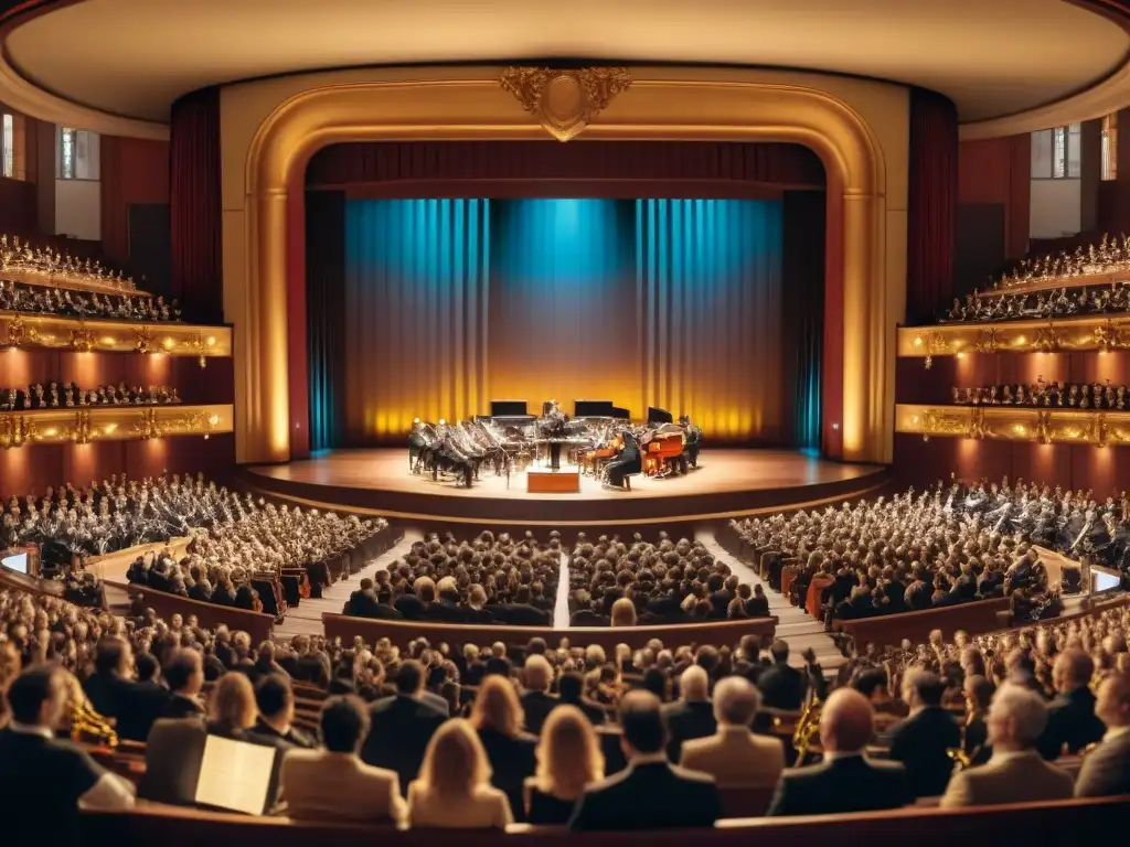 Un majestuoso salón de conciertos lleno de audiencia elegante, cautivada por un director de orquesta en una apasionada interpretación