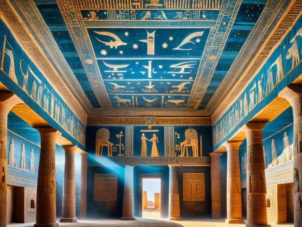 Majestuoso techo zodiacal del Templo de Hathor en Dendera, revelando secretos ocultos templos alquímicos Egipto