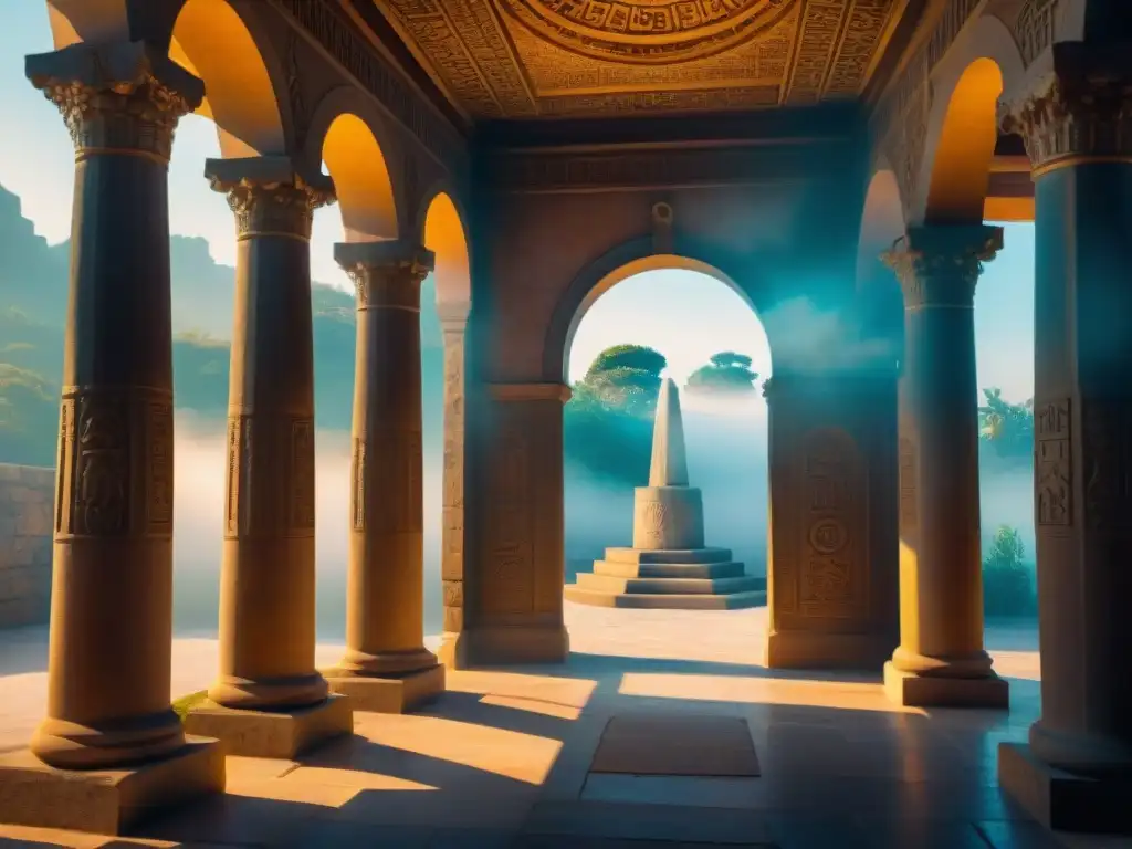 Majestuoso templo Rosacruz con símbolos alquímicos tallados en las paredes de piedra, bañado en luz etérea