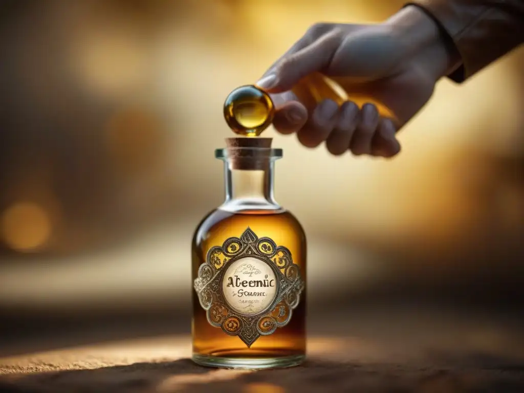 Mano sostiene frasco de elixir alquímico dorado con patrones, piel suave y textura añeja