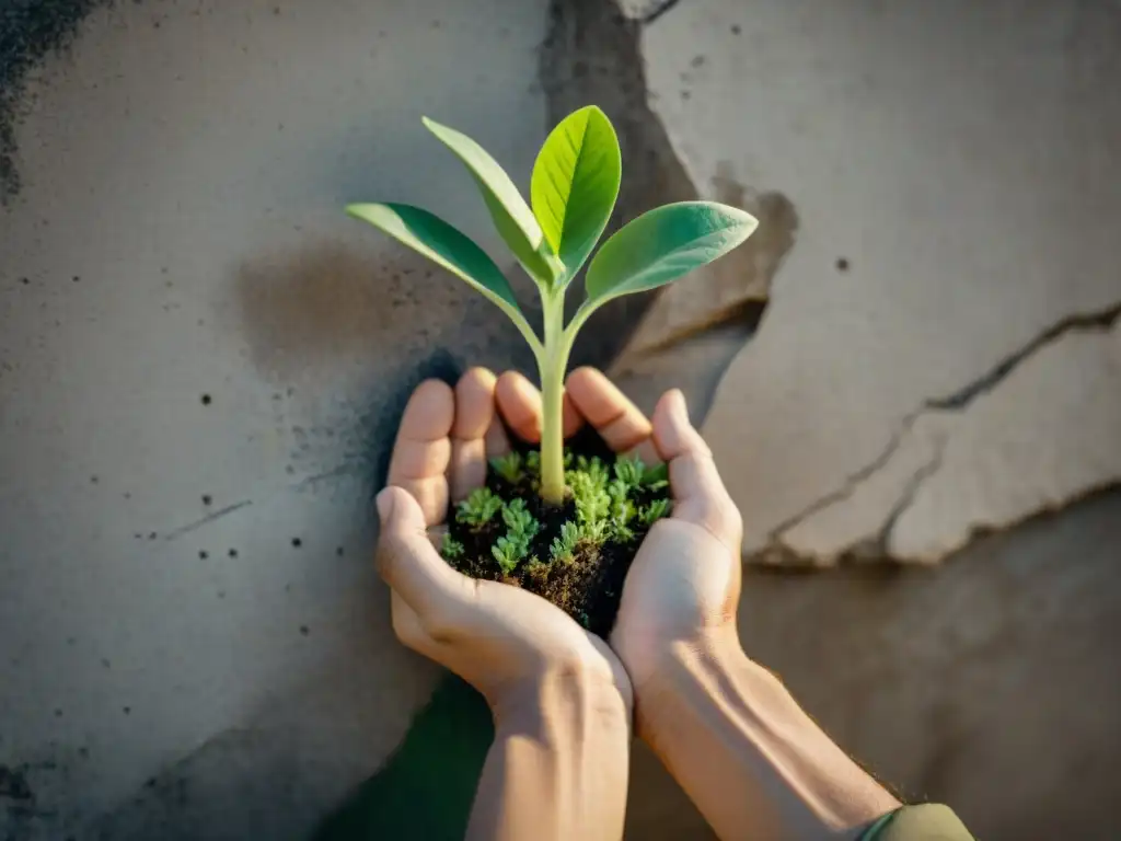 Manos cuidadosas sostienen planta brotando de grieta en muro de concreto, simbolizando prácticas alquímicas futuro sostenible