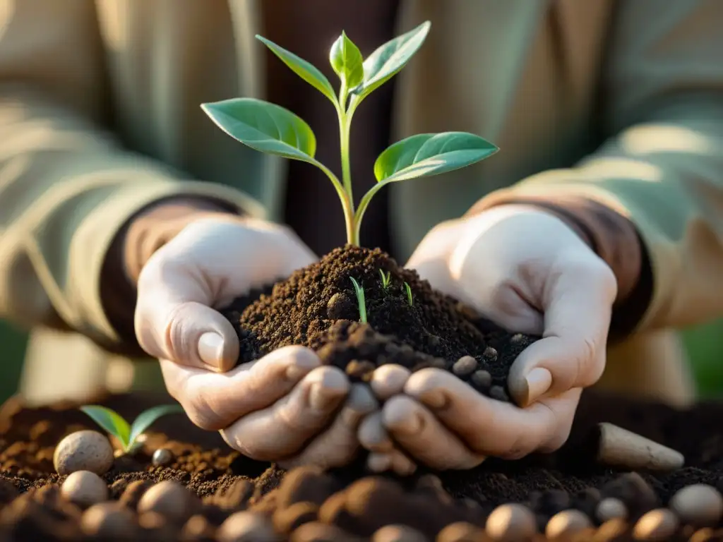 Manos cuidadosas nutriendo una planta verde con agua, evocando prácticas alquímicas futuro sostenible