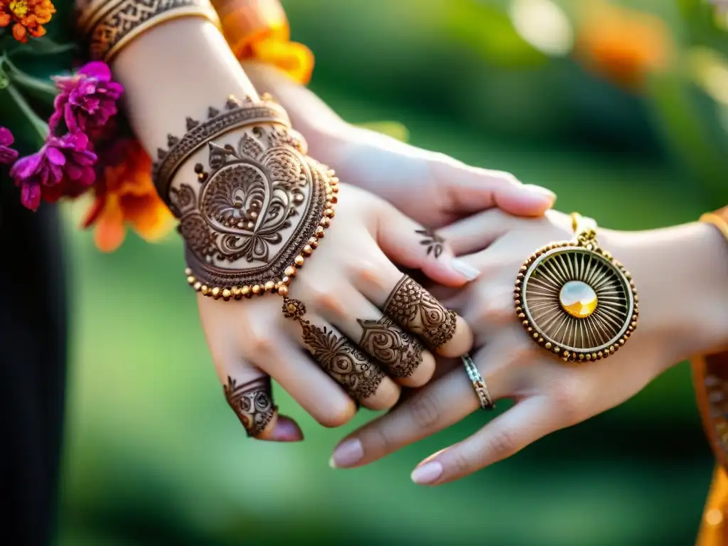 Manos entrelazadas en alquimia de amor y transformación, con henna y anillo de bodas, jardín soleado de fondo