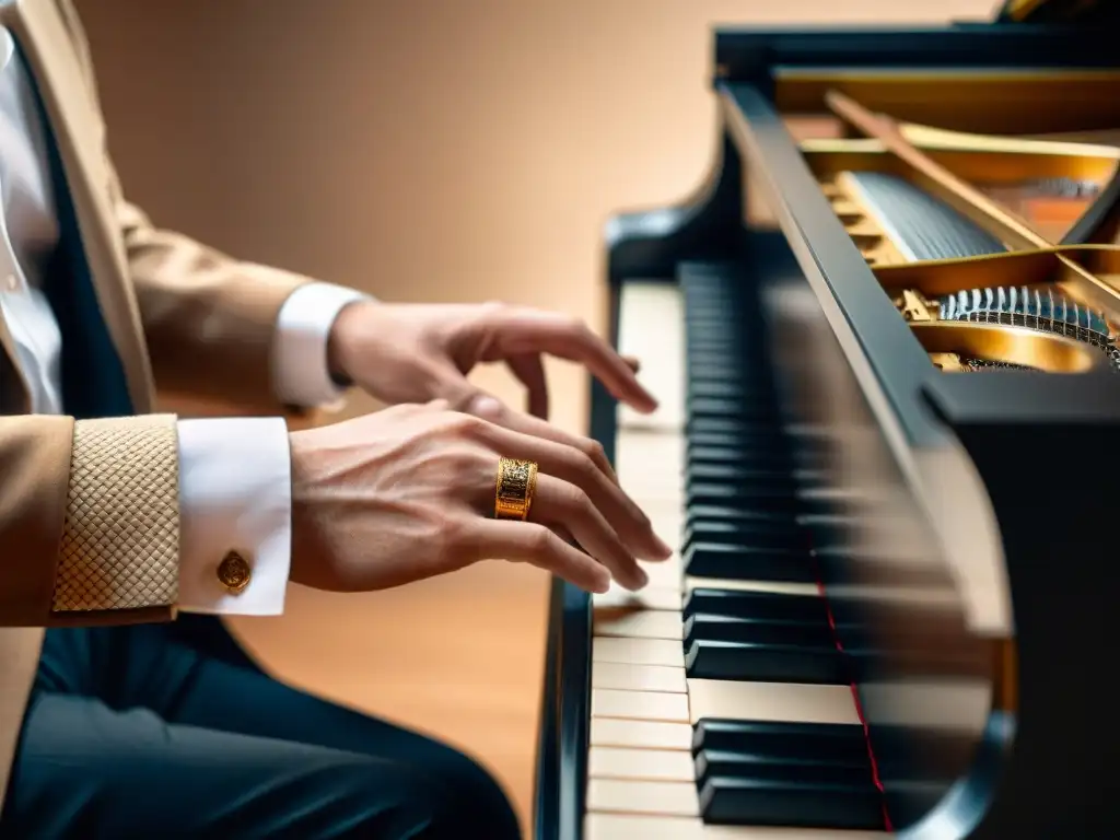 Las manos de un músico tocando un piano, expresando la alquimia en arte contemporáneo