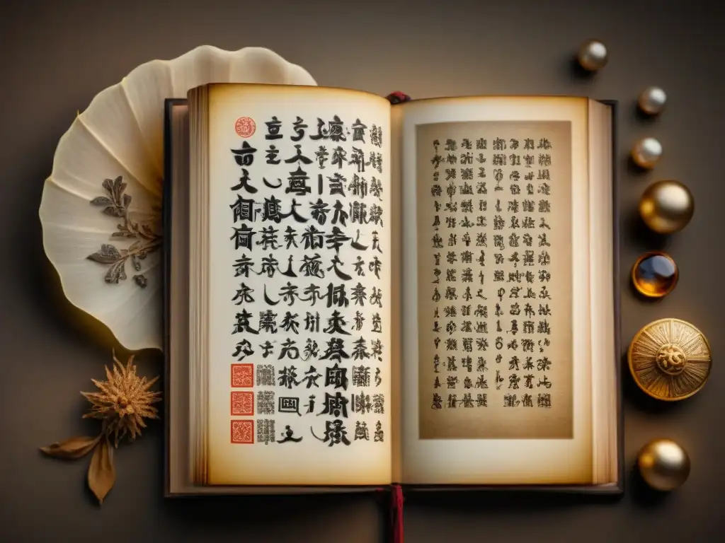 Manuscrito alquimia China: mantras y fórmulas secretas con caligrafía detallada y símbolos místicos en tonos sepia