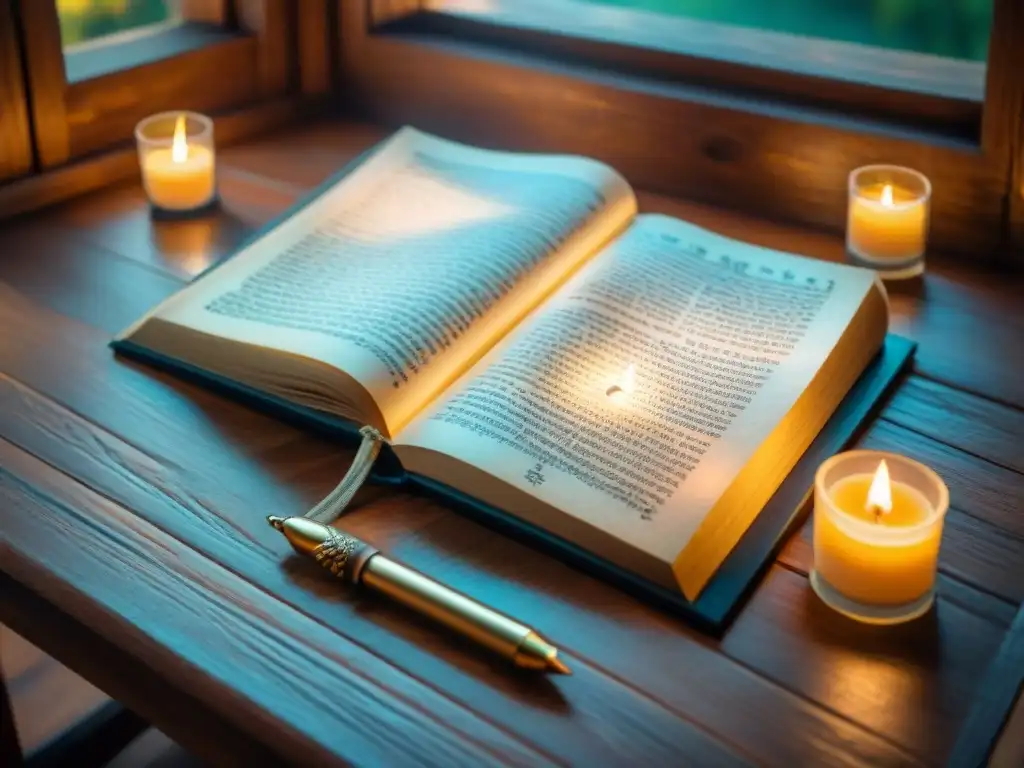 Manuscrito alquímico antiguo en sepia sobre mesa de madera iluminado por una vela, creando una atmósfera mística