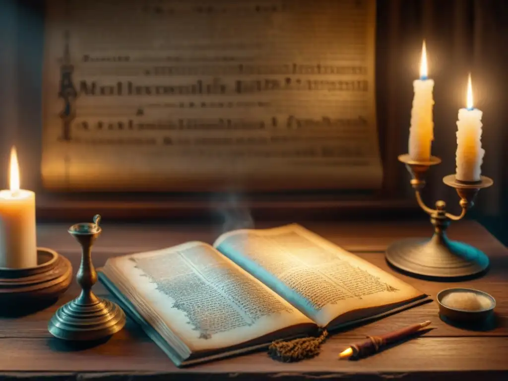 Un manuscrito alquímico en una mesa de madera con símbolos detallados en tonos sepia desgastados, iluminado por una vela