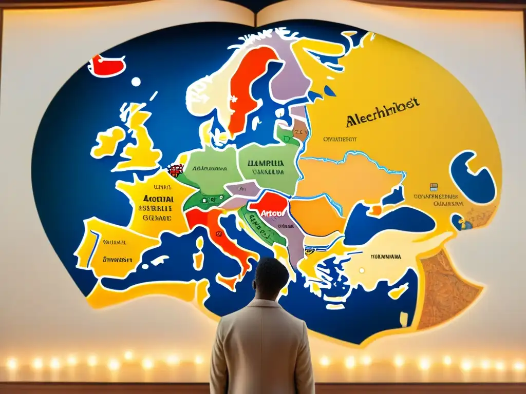 Mapa alquímico europeo: red de nodos dorados entrelazados Mapa alquímico detallado en sepia: nodos y alquimistas en red de aprendizaje en Europa