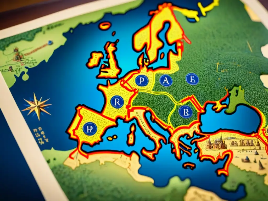 Mapa alquímico de Europa: red de aprendizaje y misterio Mapa alquímico detallado de Europa, mostrando la red de alquimistas y su aprendizaje en ciudades como Praga, París, Londres y Venecia