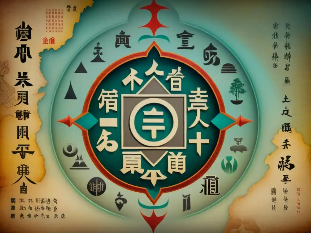 Mapa antiguo sepia con símbolos alquímicos y iconografía china en Xiuzhen tu, emana sabiduría ancestral