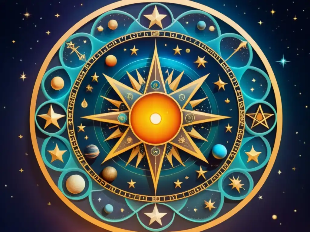 Un mapa celestial detallado en sepia, con constelaciones, planetas y símbolos alquímicos entrelazados, rodeado de filigranas