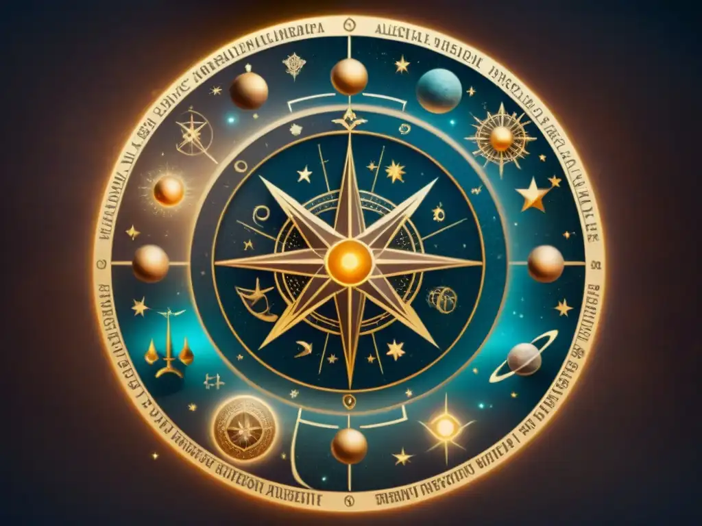 Ilustración sepia intrincada de un mapa celestial con símbolos alquímicos, fusionando astrología y alquimia