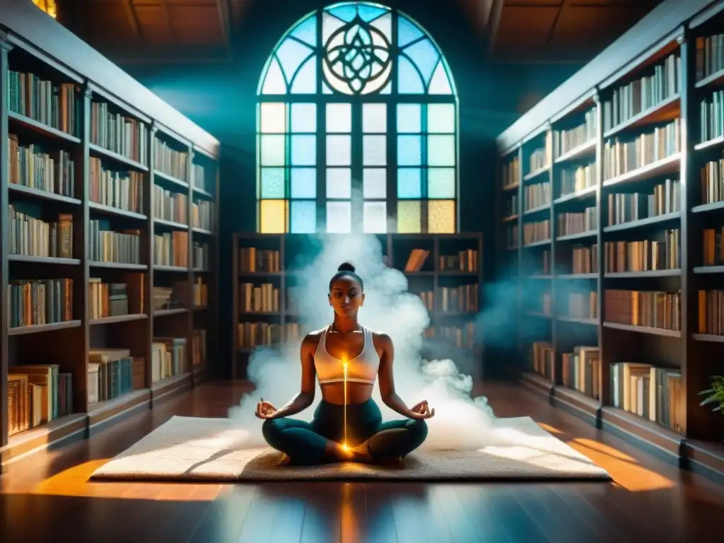 Un meditador sereno en un tapete alquímico rodeado de libros místicos, con beneficios de la meditación trascendental