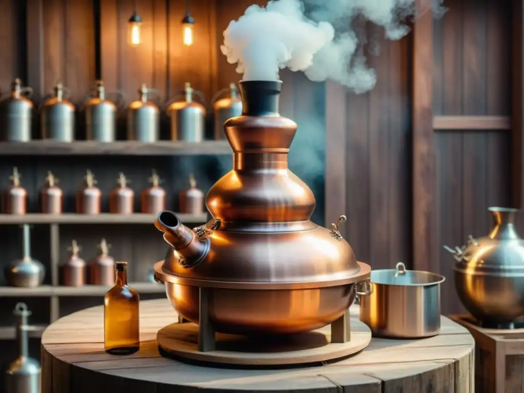 El mejor alambique para laboratorio: detallada imagen de un alambique de cobre tradicional en un laboratorio rústico de madera