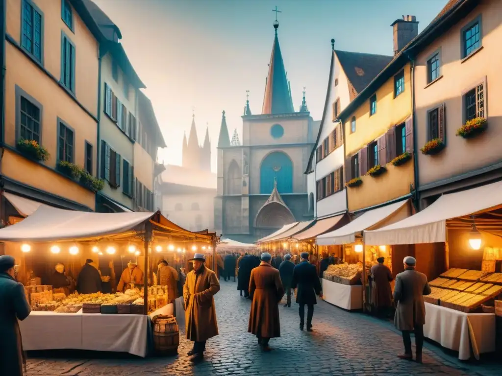 Un mercado medieval bullicioso repleto de reliquias alquímicas bajo toldos de colores y una catedral imponente al fondo