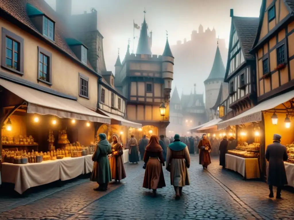 Un mercado medieval lleno de vida, con alquimistas y comerciantes vendiendo sus productos bajo la niebla mística