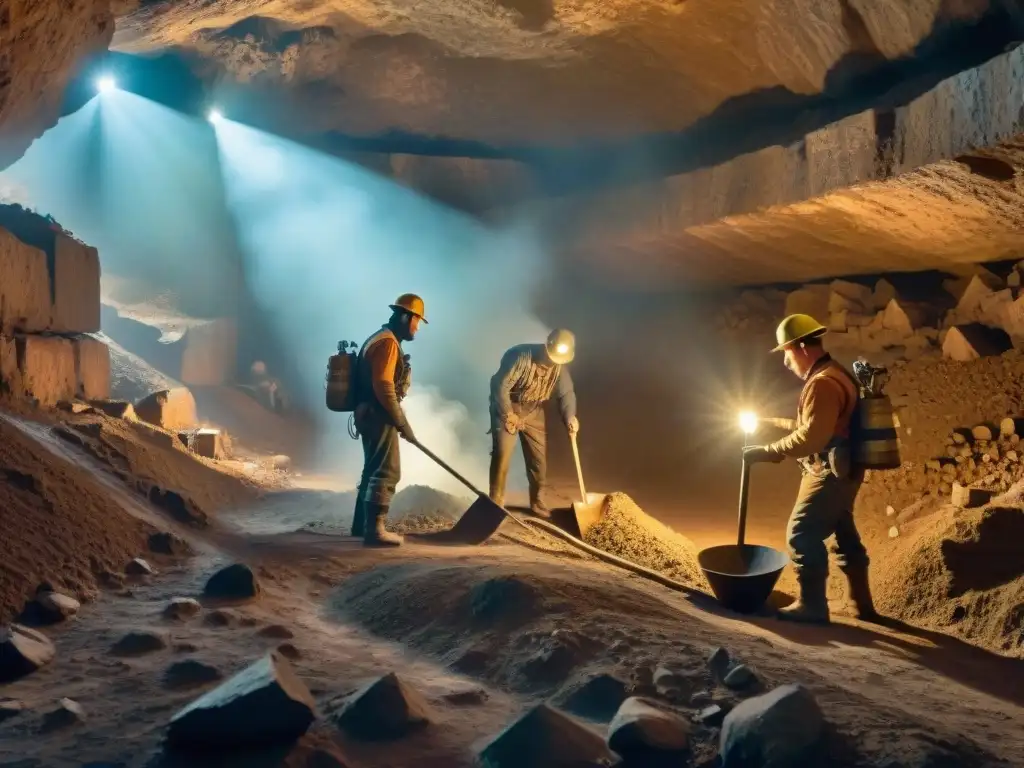 Mineros en la antigua mina, con herramientas rudimentarias, en penumbras