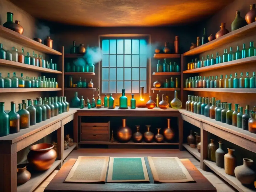 El misterio y la sabiduría de un laboratorio alquímico vintage, con libros antiguos y botellas de colores