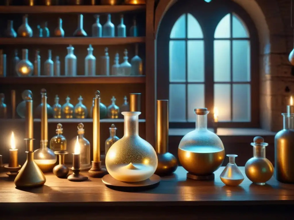 El laboratorio del alquimista: misterios y elixires dorados En la misteriosa y detallada ilustración sepia, un laboratorio alquímico antiguo rebosa de frascos burbujeantes y símbolos en las paredes